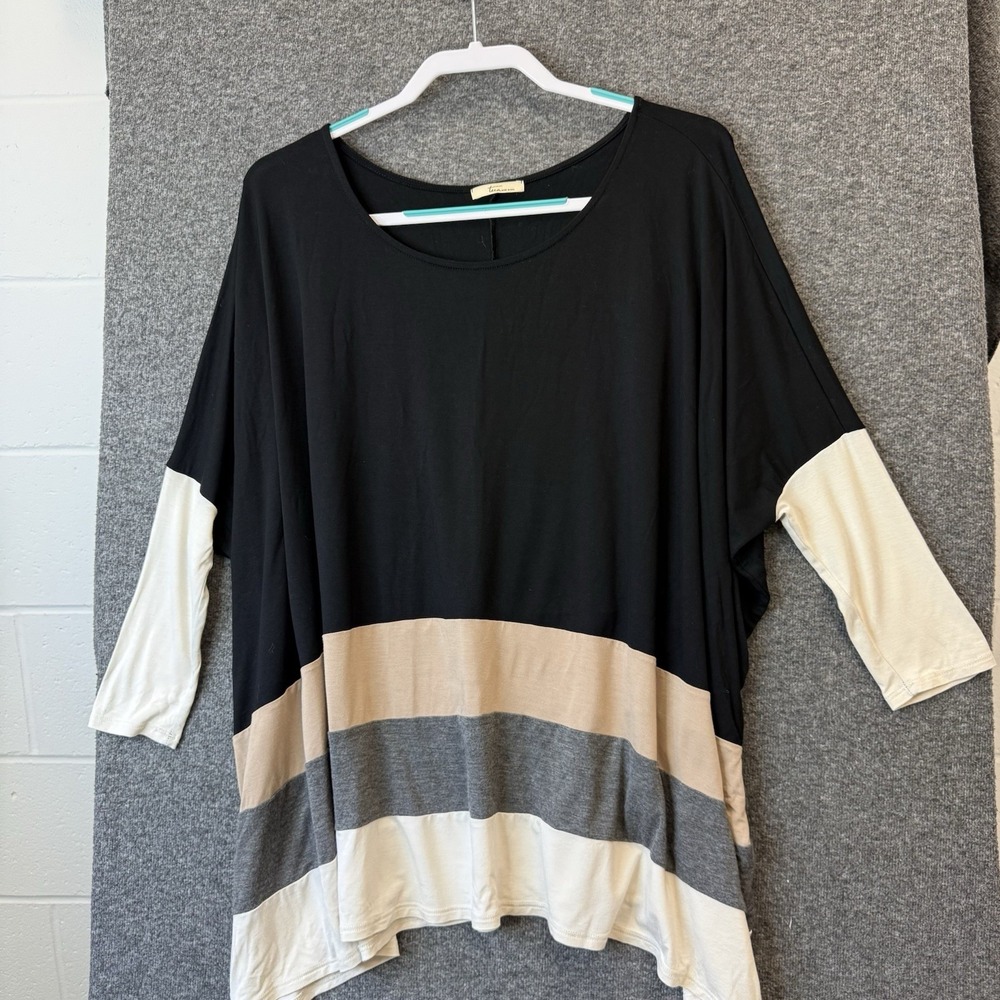 Tua Black Tan Gray Colorblock 3/4 Sleeve Stretch Oversize Tunic Size L/XL Boho